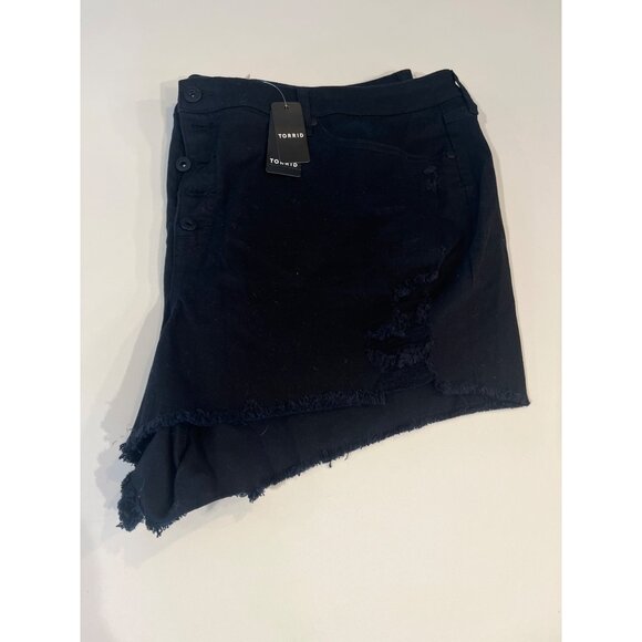 Torrid Womens Black Distressed Asymmetrical Denim Shorts Size 26 With Raw Hem & - Picture 1 of 4
